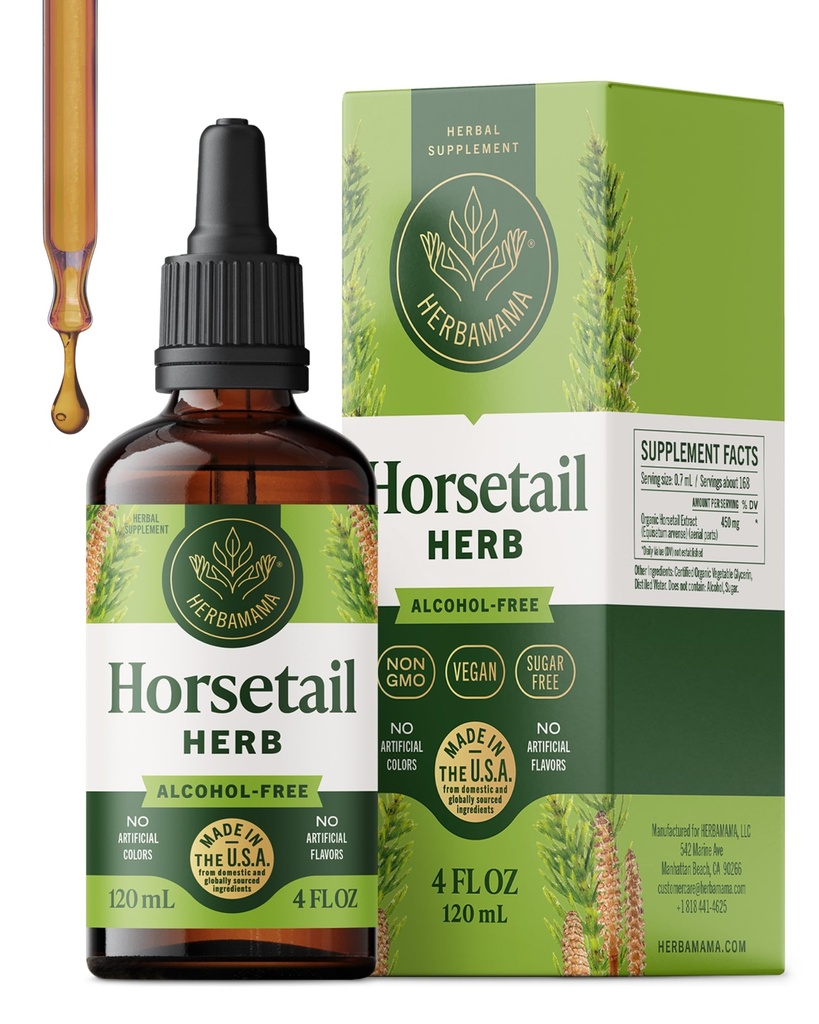 HERBAMAMA Horsetail Herb Extract Drops - Vegan Hair, Nail & Skin Care with Horsetail Leaves Tincture - Non-GMO, Alcohol & Sugar-Free Liquid Hair Strengthening Supplement, 84-Day Supply