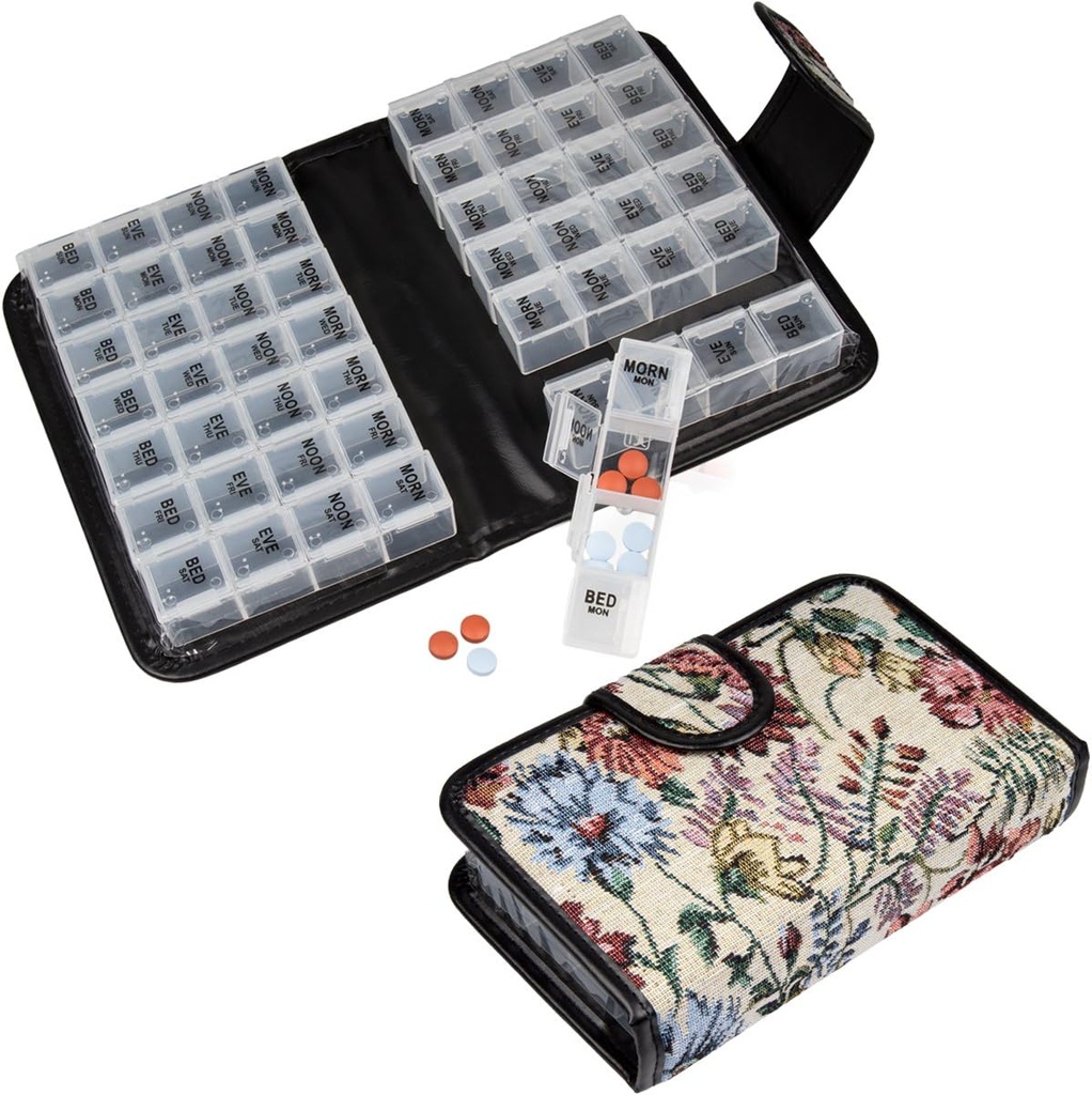 Floral Pill Case Box, 14 Day Pill Holder Pill Container & Medication Organizer, Travel Case - 4 gemarkeerde afdelingen voor elke dag van de week - Morn, Noon, Eve, Bed
