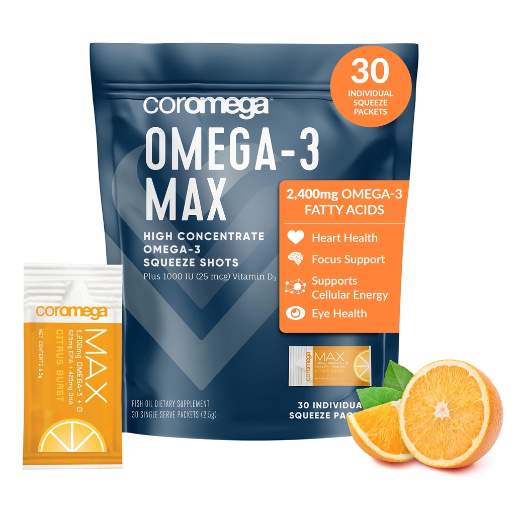 Coromega MAX 2400mg Omega-3 Huile de poisson + Paquets de pression de vitamine D, Wild-Caught, Pas de goût de poisson - 3X Meilleure absorption que les softgels, soutient la santé du cerveau et du coeur (30 portions, agrumes Burst)