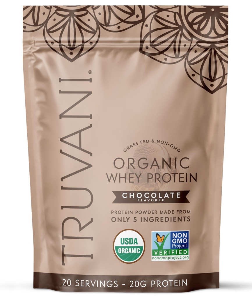 Truvani Organic Whey Protein Powder | Chocolate | 20g Grass Fed Whey Protein | 20 Servings | USDA Organic & Non-GMO | Gluten Free | No Gums, No Soy, No Stevia, No Added Sugars