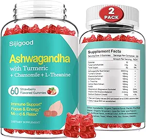 2 Pack Ashwagandha Gummies met L-theanine, Ashwa Root Supplement Gummy voor vrouwen Mannen, 120 Aardbei Flavored Gummies