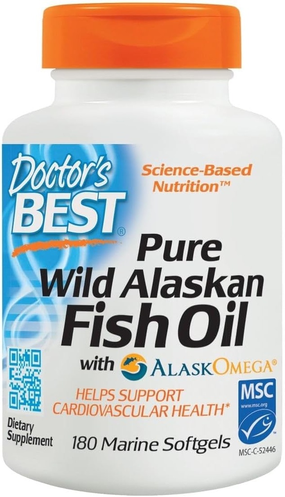 Doctor's Best Pure Wild Alaskaan Visolie met AlaskOmega, Hart, Hersenen, Geestelijk Welzijn, Ogen, Non-GMO, Glutenvrij, 180 Marine Softgels