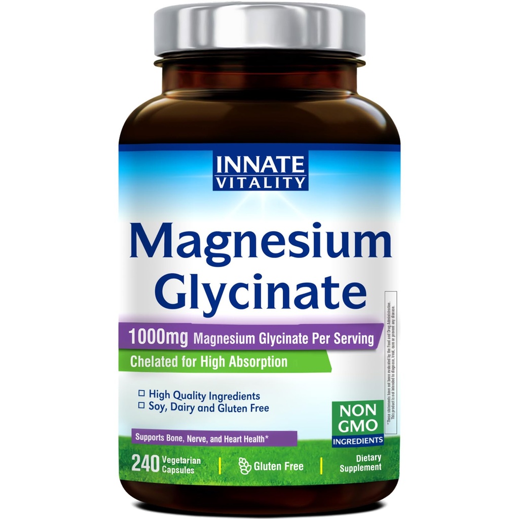 Innate Vitality Magnesium Glycinate 1000mg Per Serving | 140mg Elemental Magnesium Supplement - High Absorption, Non Buffered, Non-GMO & No Gluten - Nerve, Bone & Heart Health - 240 Caps