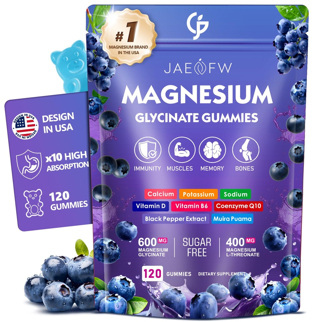 Magnesium Glycinate Gummies 1000mg – High Absorption Magnesium Complex with CoQ10, Vitamin D3 & B6 – Sugar Free Magnesium Gummies for zzZ, Focus & Relaxation, for Women, Men & Kids Blueberry