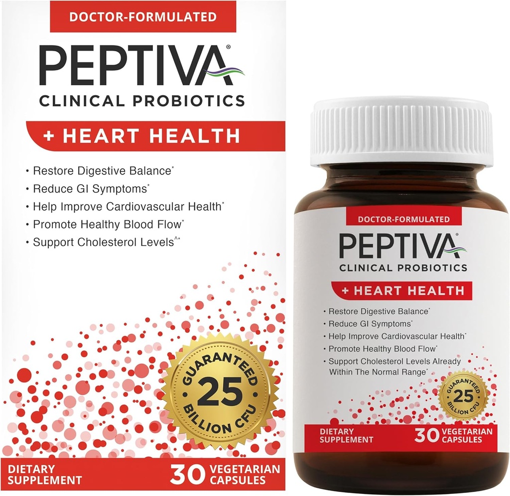 Peptiva Probiotica Heart Health - Heart Health Support Supplement, 25 miljard CFU, Multi-strain Probiotic, Lactobacillus Acidophilus, Bifidobacterium, Digestieve Ondersteuning - 30 Vegetarische Capsules