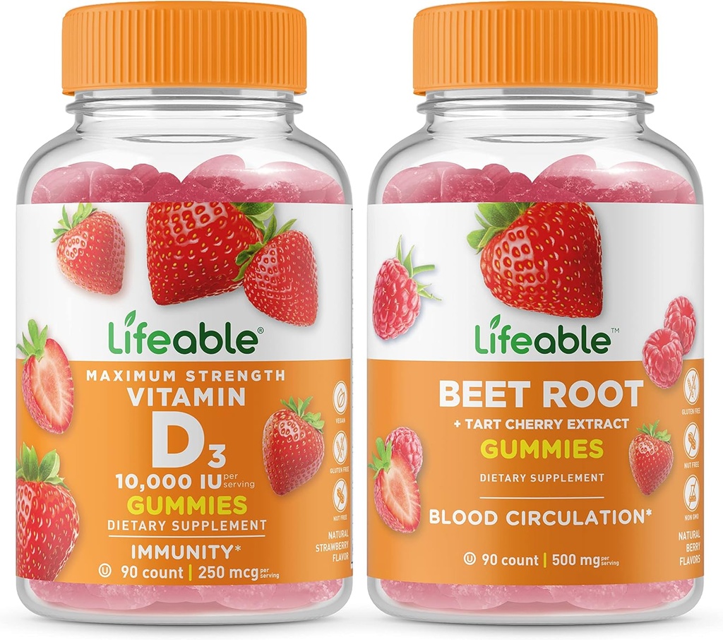 Levensvatbare vitamine D 10000 IE + Beetwortel, Gummies Bundel - Geweldig proeven, Vitaminesupplement, Glutenvrij, GGO-vrij, Kauwgom
