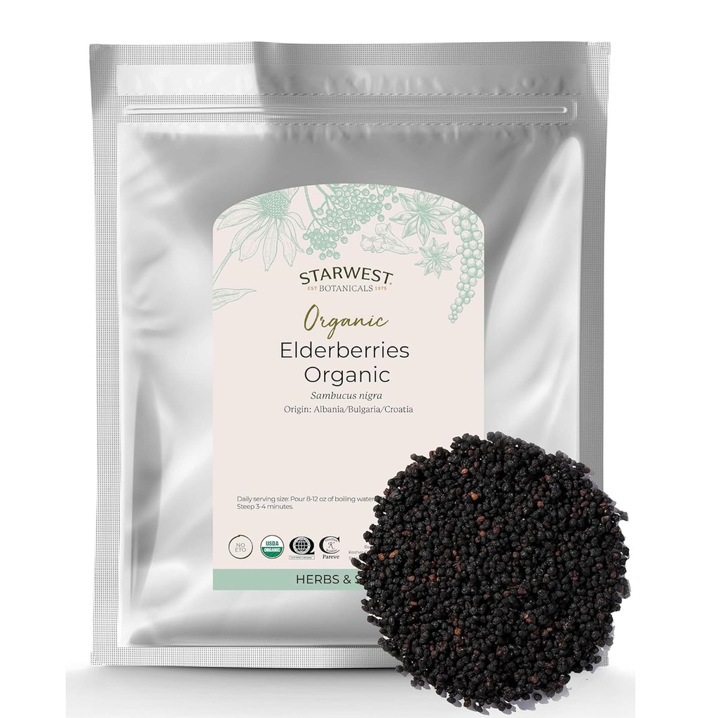 Starwest Botanicals Biologische Vlierbessen - Gedroogde Vlierbessen voor Siroop, Thee, Gummies, & Jam, Natuurlijke Immune Ondersteuning, Gecertificeerde Kosjer, Niet-GMO - Bulk 1 lb Bag