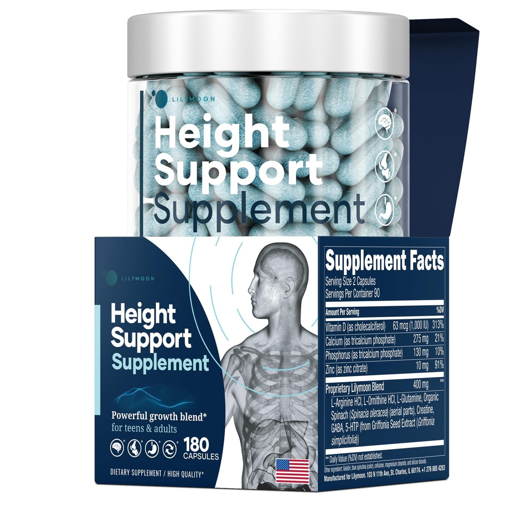 Height & Bone Support Supplement - Premium Height Growth Supplement for Kids & Teens with Calcium - Nutritional Support Bone Health Formula - Height Increase Essential Vitamins - 180 Caps
