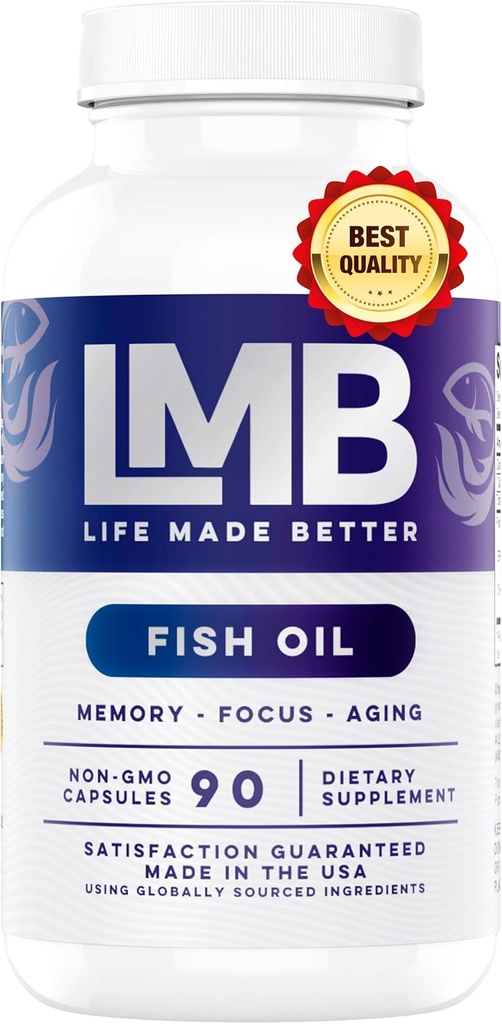 Wild Caught Omega 3 Fish Oil 3000mg - Triple Strength Burpless DHA 900mg + EPA 1200mg Non-GMO - Enteric Coated with No Aftersmaak - LMB (90 Zachte Gels)