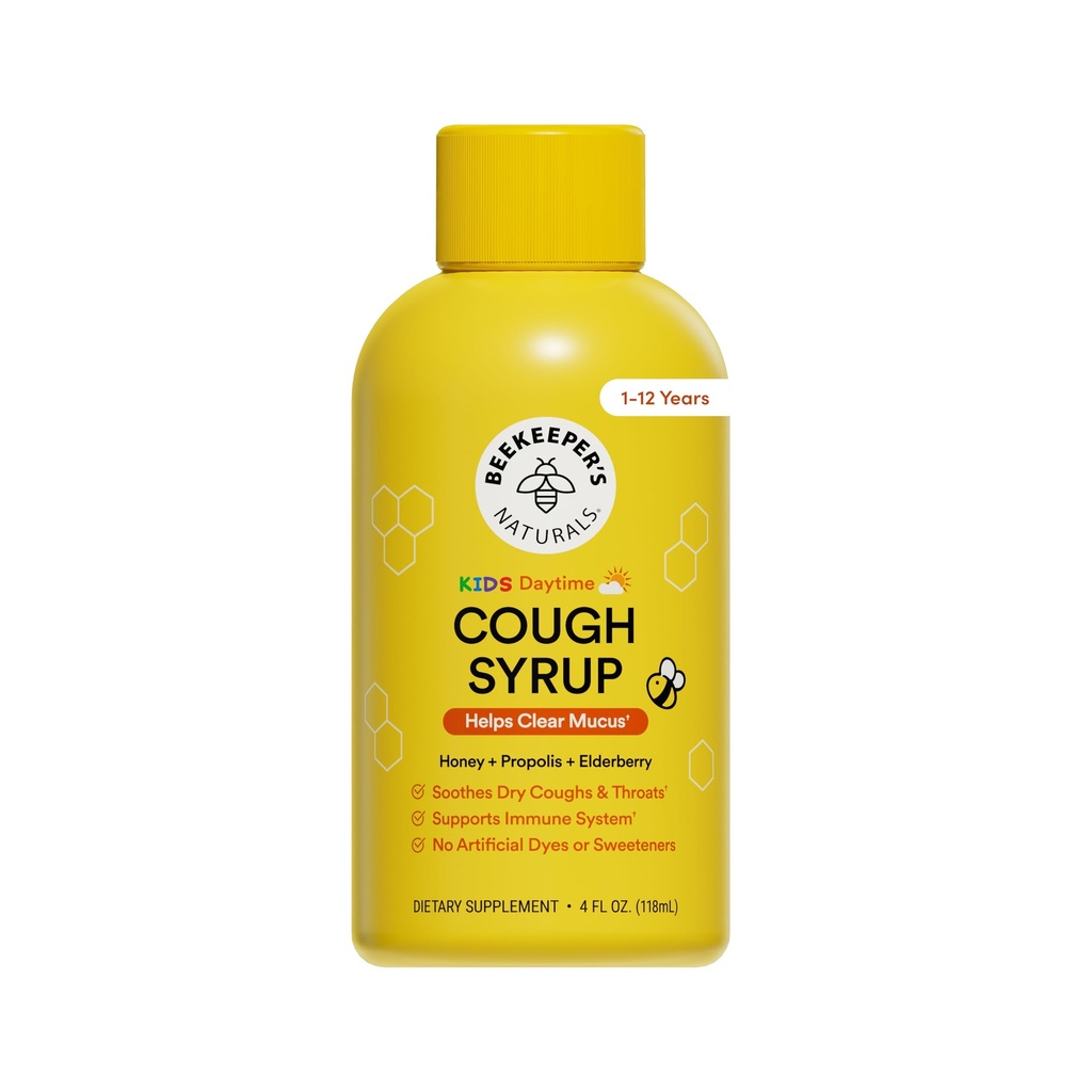 Beekeeper's Naturals Propolis Honing Hoest Siroop Dagtijd voor kinderen Immuun Ondersteuning met vlierbessen, vitamine C, vitamine D & ruwe honing - Keel verzachtend - Glutenvrije en schone ingrediënten, 4 oz.