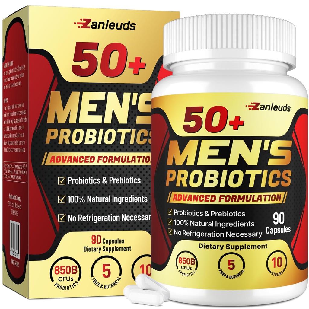Probiotics for Men, Potent 50+ Mens Probiotic, Complete Gut & Digestive Health, with 850 Billion CFU, Prebiotic Fiber, Energize, Immune, Mens Probiotics for Gut Health Over 50-90 Capsule