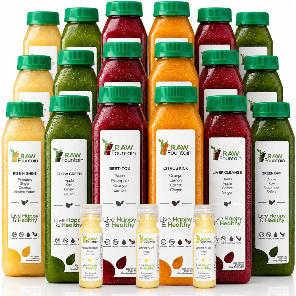 3 dagen sap reiniging door ruwe fontein, alle natuurlijke ruwe detox reiniging, sap voor body rest, koud geperst sap snel, geweldige manier om te springenstart een gezonde voeding, 18 flessen 12oz, 3 gember Shots