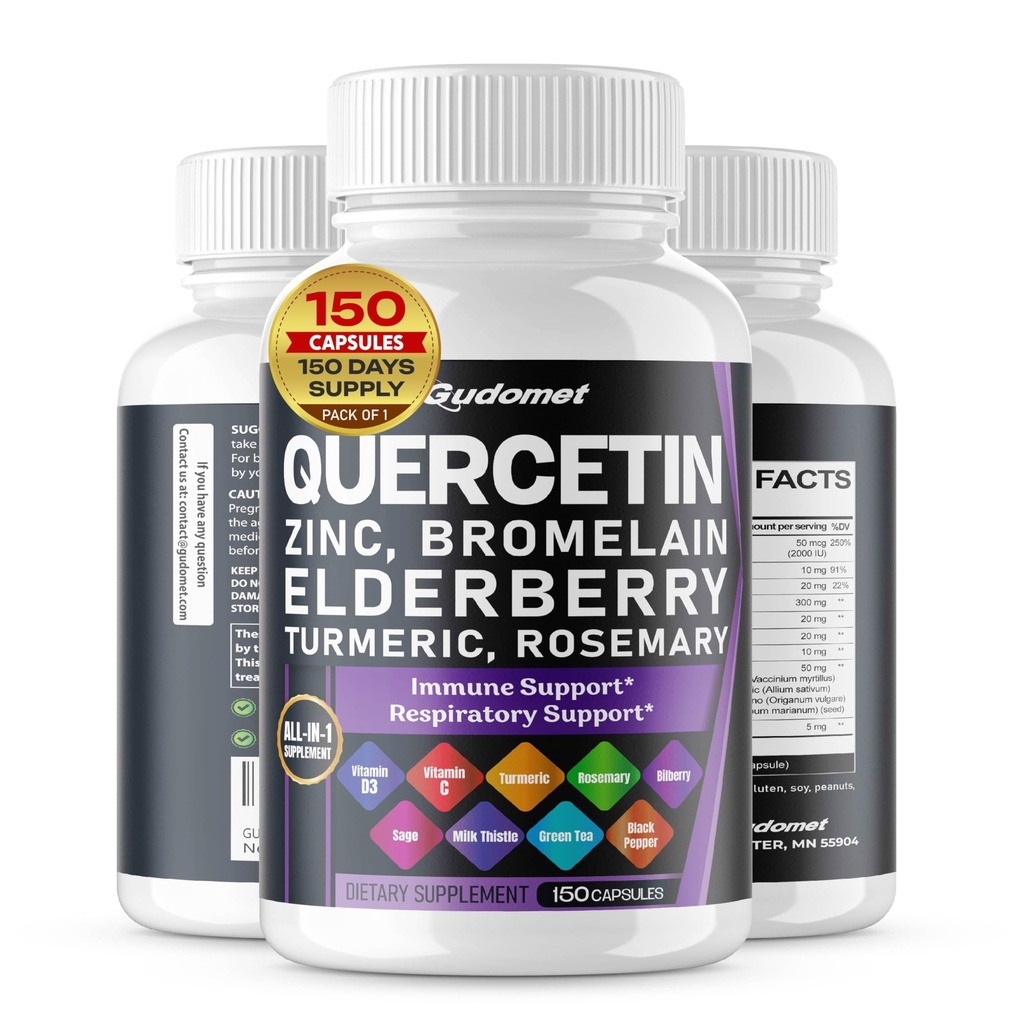 Quercetin Bromelain Zink Vitamine D3 Vlierbessen Kurkuma Rozemarijn Blauwe bosbessen Sage Odorless Knoflook Groene thee Melk Thistle Oregano -150 Capsules- Made in USA