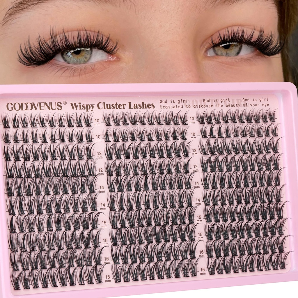 Goddvenus Eyelash Extensions Wispy Natural DIY C Curl Individual Lashes Clusters Black 10-16mm 300pcs