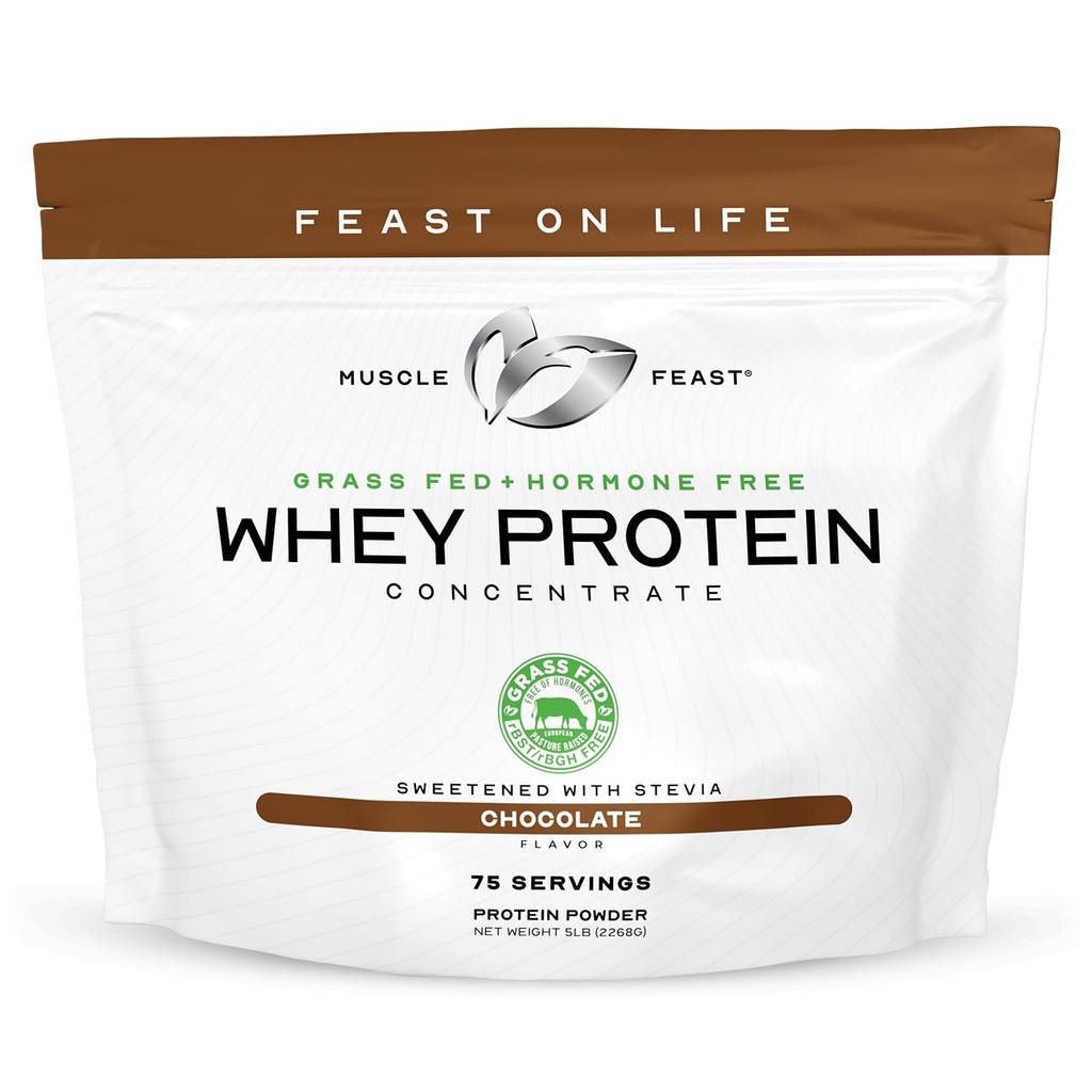 Muscle Feast Grass-Fed Wei Proteïne Concentraat Powder, Alle Natuurlijke, Hormone Gratis Pasture Raised Wei Proteïne Powder for Women & Men, Clean, Non-GMO & Gluten Gratis Wei Concentraat - Chocolade, 5lb