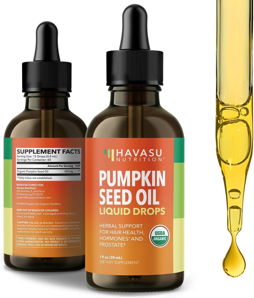 Pompoenzaadolie - USDA Organic - Koud geperst voor haar, prostaat, en hormonen ondersteuning - 2 maanden levering - vloeibare druppels voor mannen en vrouwen - Veganistisch, niet-GMO, en glutenvrij - ongearomatiseerd, 1 Fl Oz