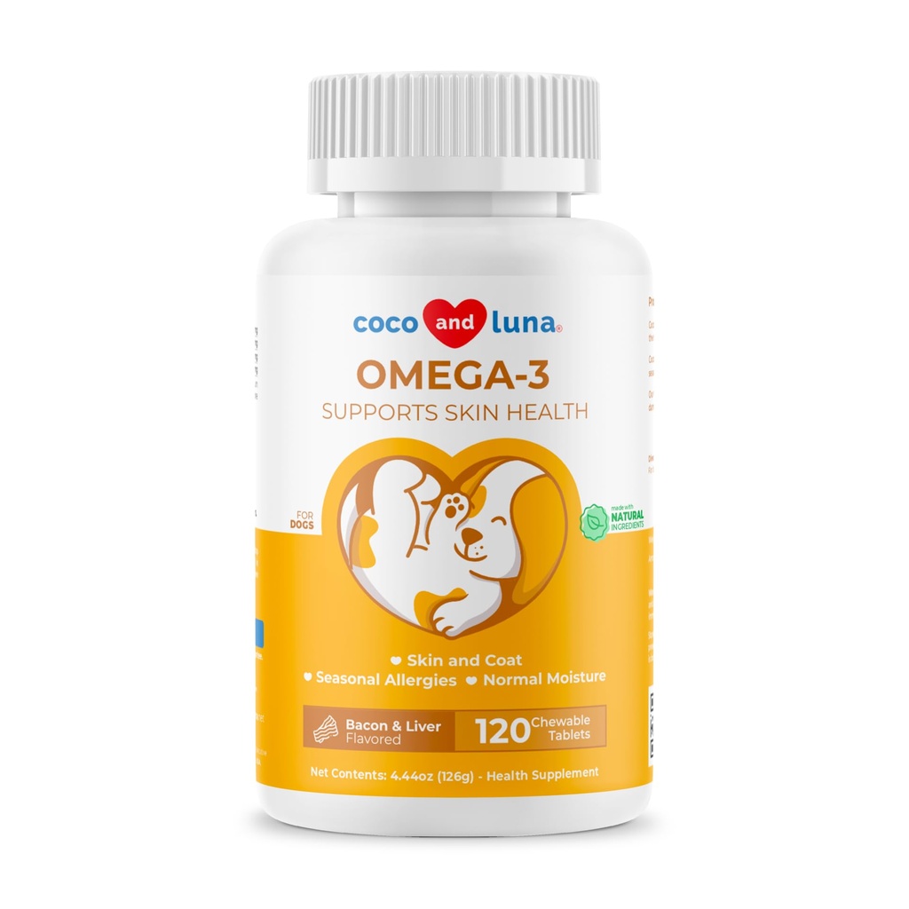 Omega 3 Visolie voor honden - 120 Kauwtabletten - met Omega 3, 6, en 9, Vitamine E voor hondenvergieten, Itchy, Droge huid, Gezamenlijke & Hartondersteuning