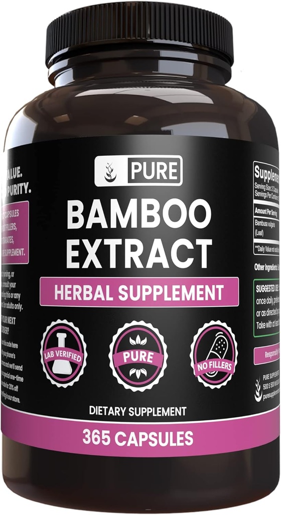 INGRÉDIENTS ORIGINAUX PURE Extrait de bambou (365 capsules) Pas de magnésium ou de poudre de riz, toujours pur, vérifié en laboratoire