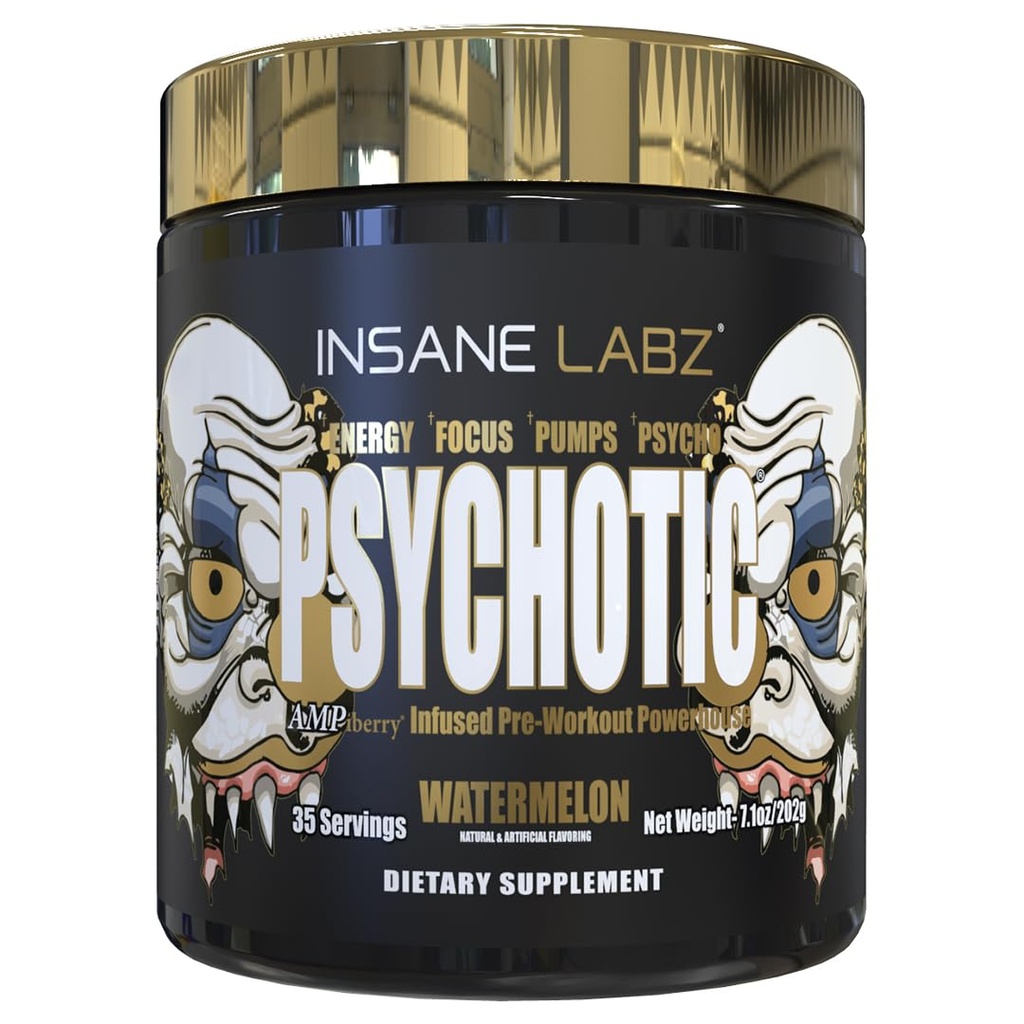 Insane Labz Psychotic Gold, High Stimulant Pre Workout Powder, Extreme Lasting Energy Focus, Pompen en Endurance met Beta Alanine, DMAE Bitrate, NO Booster (35 Servers, Watermeloen)