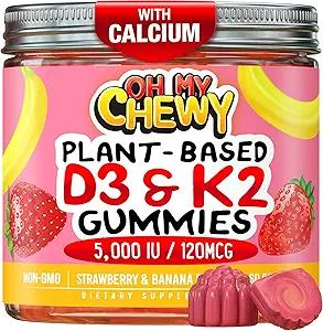 Vitamine au centre D3 K2 Gummies - Enfants, adolescents et adultes - Supplément pour les dents, les os, l'énergie et l'immunité - 5000 UI D3, 120 mcg K2(MK-7), 120 mg de calcium - Végétaux et non-OGM - 60 Nombre