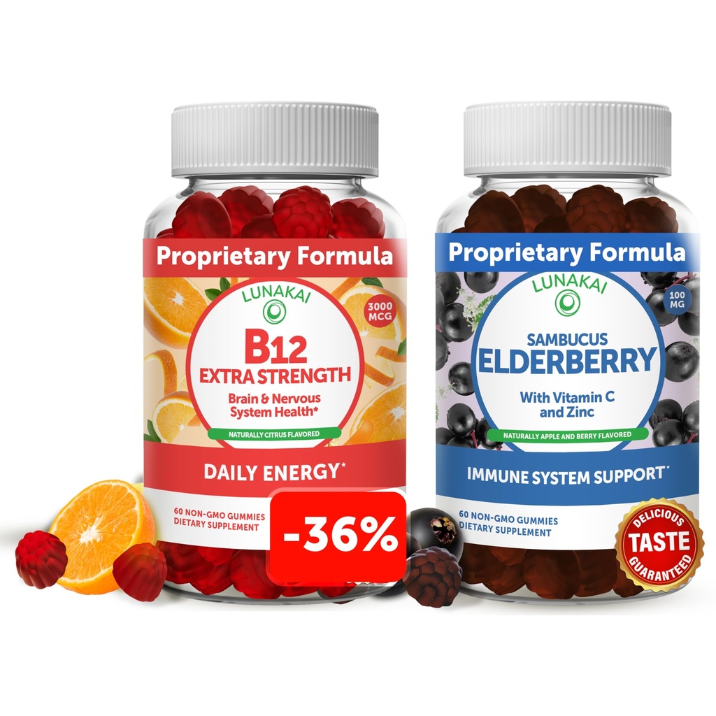 Lunakai Vitamine B12 en Vlierbessen Gummies Bundle - 3000 mcg Gummy voor volwassenen Energie Ondersteuning en Bone Health - Immune Ondersteuning Supplement met zink en vitamine C