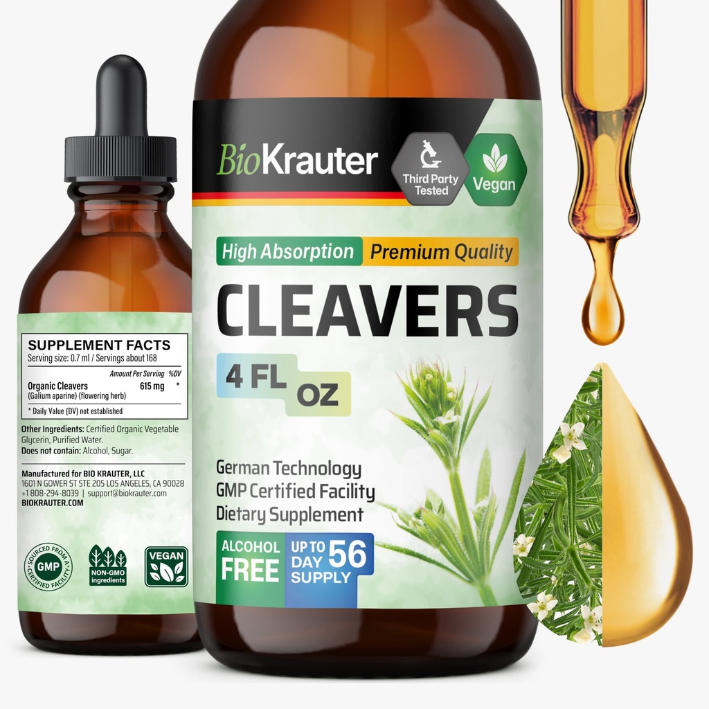 BIO KRAUTER® Cleavers for Lymphatic Support - Pure Vegan Cleavers Lymphatic Drainage 615 mg per Serving 4 Fl.Oz 56-Day Supply - Supplement for Cleanse & Detox - Alcohol & Sugar Free