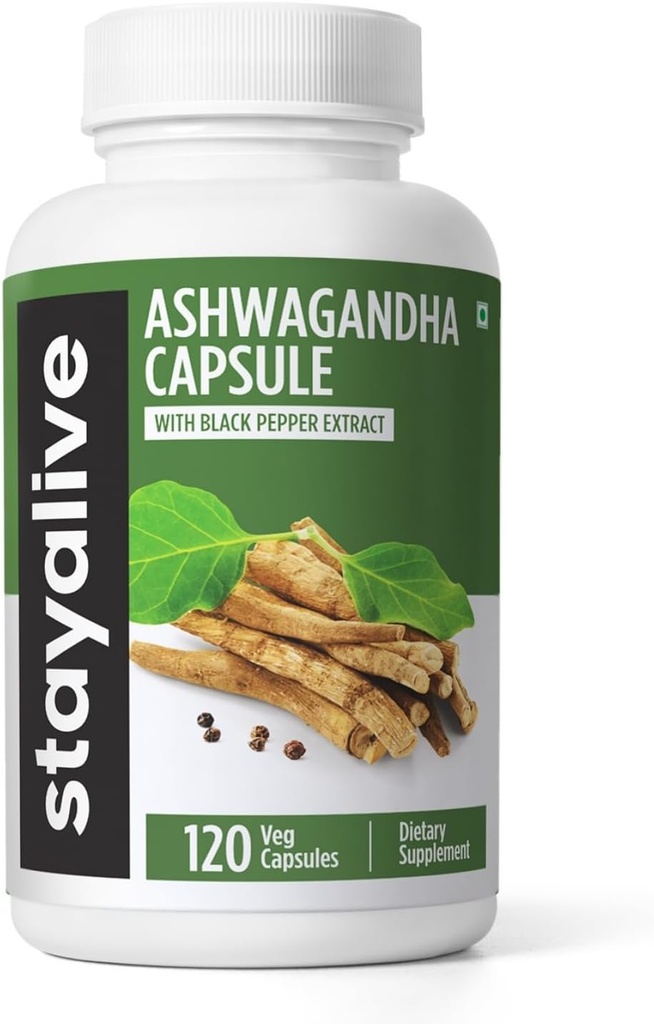 STAY LEVEND Ashwagandha met zwarte peper, 10:1 Extract, 120 pillen, 100% Pure Root Powder, Extra sterkte Capsules, Niet-GMO & Glutenvrije Ashwagandha Supplementen voor vrouwen en mannen