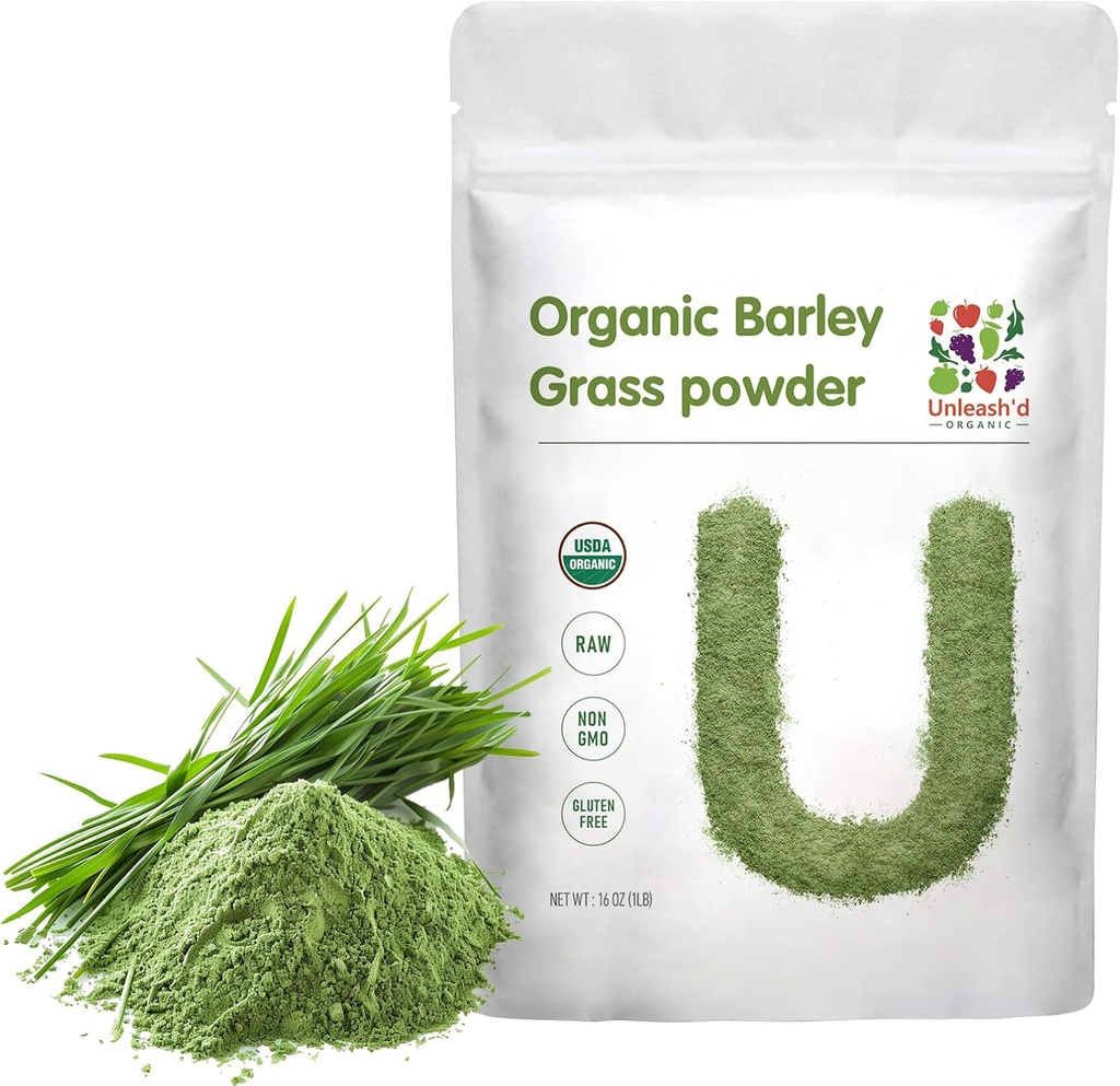 UNLEASH'D ORGANISCHE Gerstgraspoeder 1 Pond 100% Pure & Organic, Superfood Greens Rijk aan vitaminen, mineralen, vezels en antioxidanten
