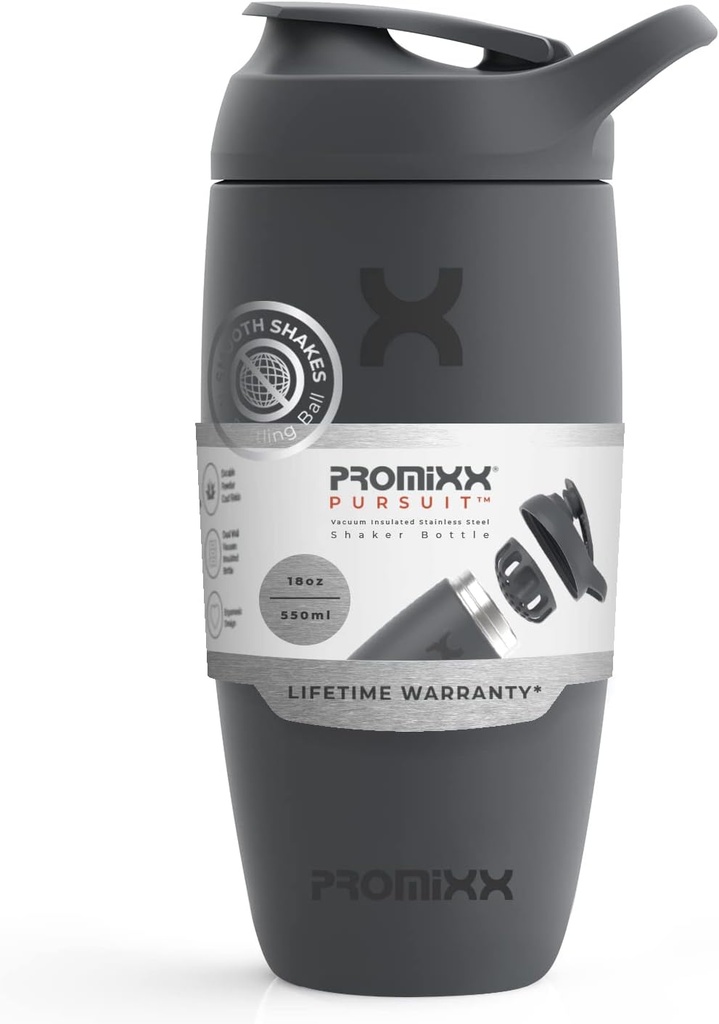 Promixx Pursuit Shaker Bouteille Isolée en acier inoxydable Bouteille d'eau et shaker Cup, 18oz, Gris graphite
