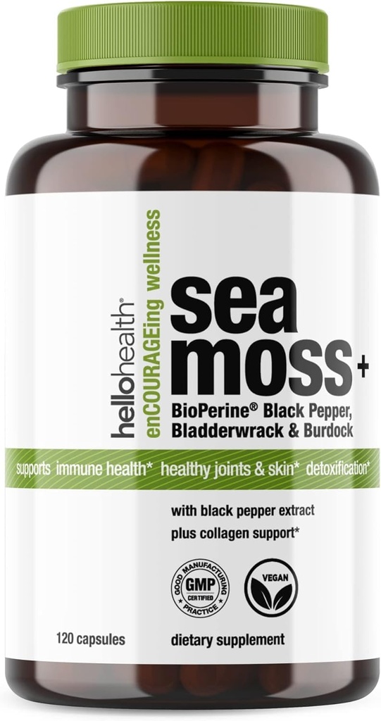 HELLO HEALTH Organic Irish Sea Moss Capsules - Wildcrafted Sea Moss Burdock Root & Bladderwrack Bioperine Super Food for Immune Support Thyroid Support and Natural Energy - 120 Caps