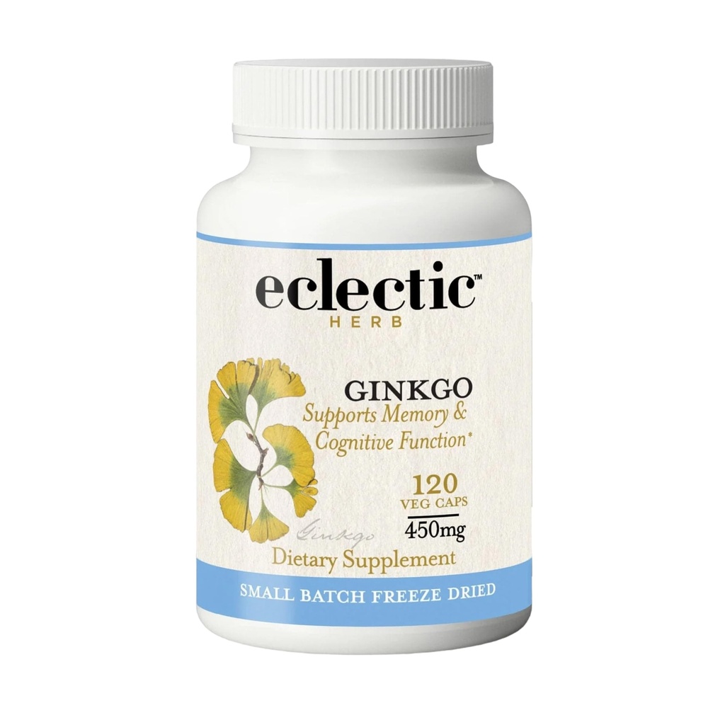 Eclectic Herb - Ginkgo Biloba Capsules | Brain Support Supplement | Cognitive Function & Circulatory Support | Focus & Memory | Vegan, Non-GMO, Gluten Free, Freeze-Dried (120 CT | 450 mg)