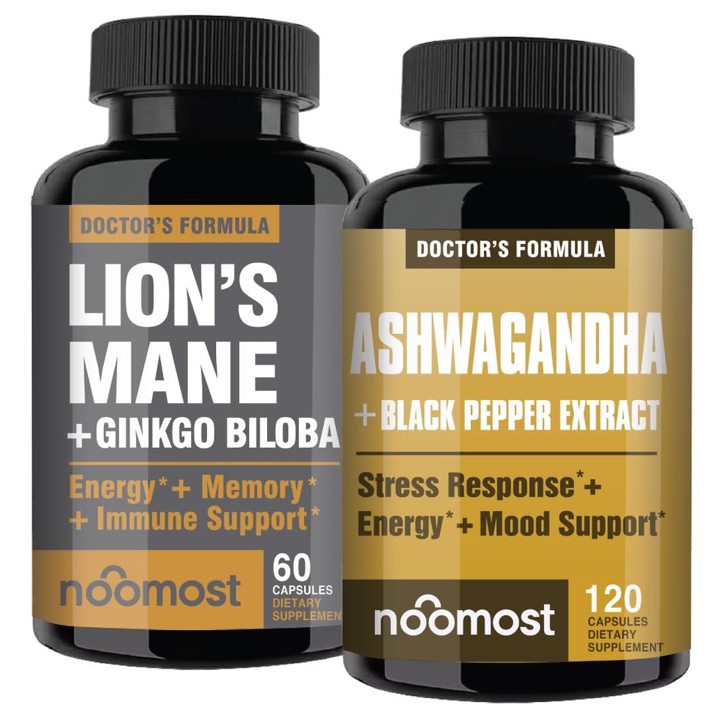 NooMost Lion’s Mane + Ginkgo Biloba Bundle – Organic Lion’s Mane Mushroom Extract (60 Caps) & Bonus Brain-Focus Support – Vegan • Non-GMO • Made in USA