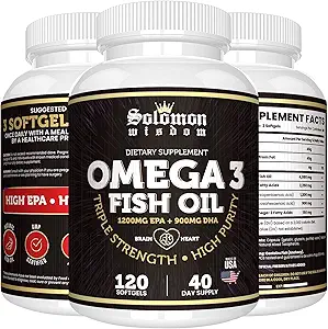 SOLOMON WISDOM Omega 3 Fish Oil - Dietary Supplement for Healthy Heart & Brain - 120 Soft Gel Capsules with High EPA 1200mg & DHA 900mg - Burpless, Odorless with Natural Lemon Flavor