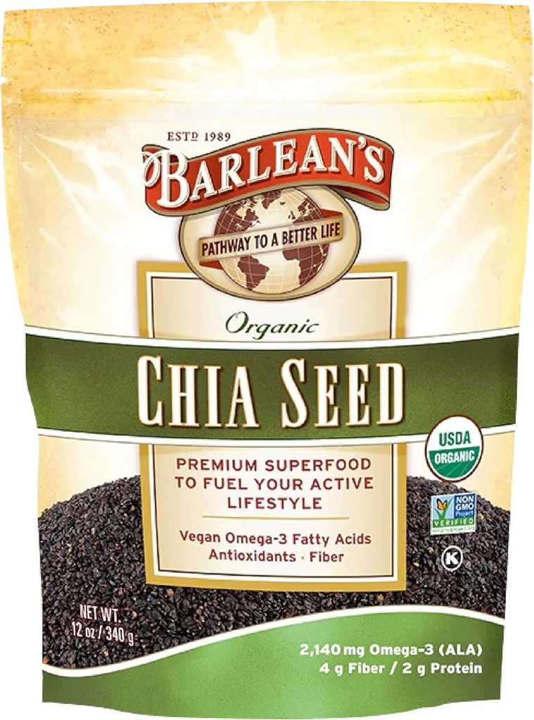 Barlean's Biologische Chia Zaden met 2,140 mg Omega 3 vetzuren, vezelsupplement voor hele Chia Zaden voor Smoothies, niet-GMO gecertificeerd, 12 oz