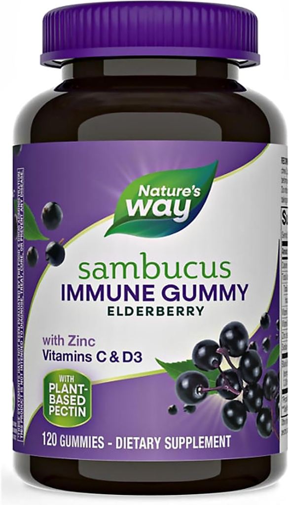 Natures+Way Sambucus Vlierbessen Gummies, met vitamine C, vitamine D en zink, Immune Ondersteuning voor kinderen en volwassenen, 120 Gummies