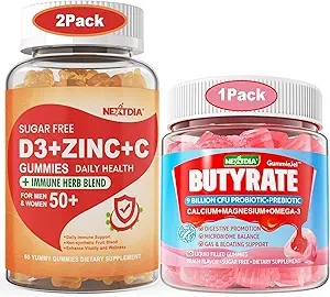 2 Pack Sugar Free Vitamine C + D3 + Zink Gummies voor volwassenen 50+ + 1 Pack Butyrate Gummies
