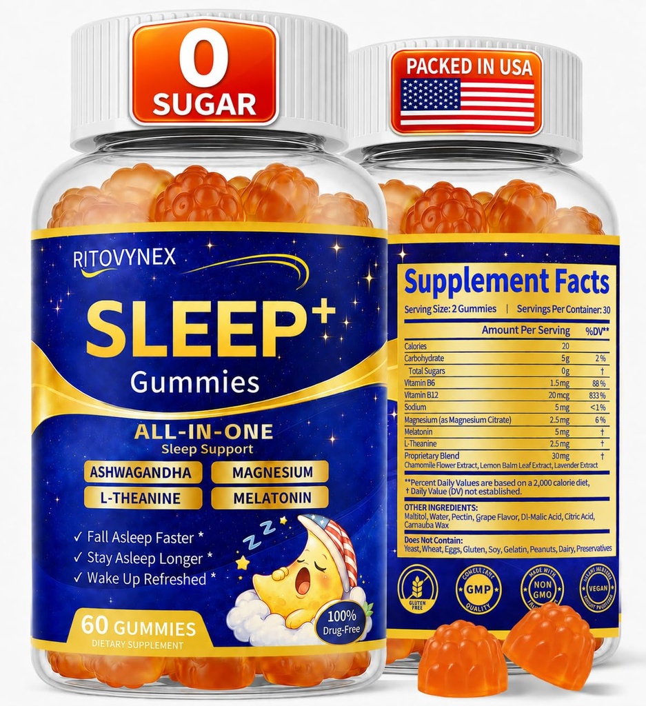 Lower Cortisol Sleep Gummies - Sleep Aid Supplement with Ashwagandha, Magnesium, L-Theanine, Vitamin B6, Vitamin B12 and Melatonin, Vegan - 60 Gummies - 30 Servings