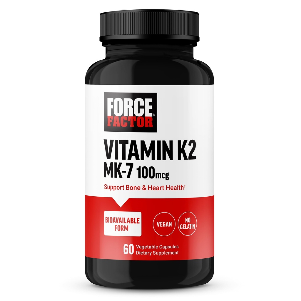 Force Factor MK-7 Vitamin K2 100mcg, Bone Support Supplements for Women and Men, Support Heart Health, Bone Density, and More, BIoavailable Form, Vegan, Non-GMO, 60 Vegetable Capsules