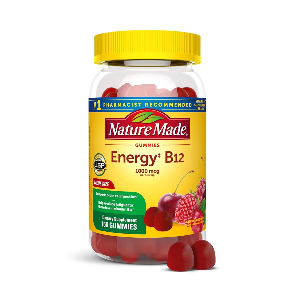 Nature Made Energy B12 1000 mcg, Dieetsupplement voor Energie Metabolisme Ondersteuning, 150 Gummies, 75 dagen Levering