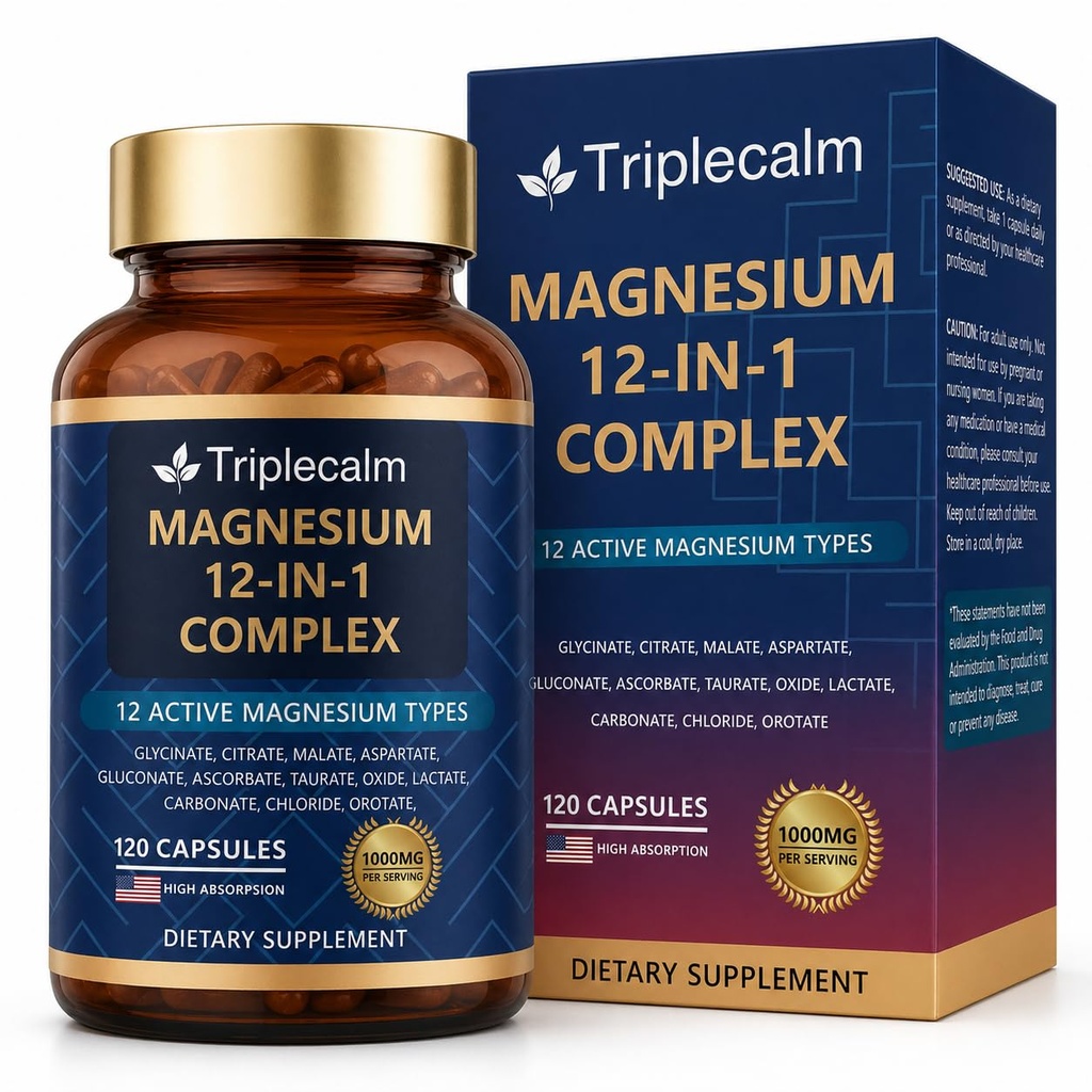 Magnesium Complex 12 in 1 for Women & Men, 1000mg High Absorption Magnesium Supplement with Glycinate, Citrate, Malate & Taurate, Supports Sleep, Muscle, Nerve & Relaxation, Vegan, 120 Capsules