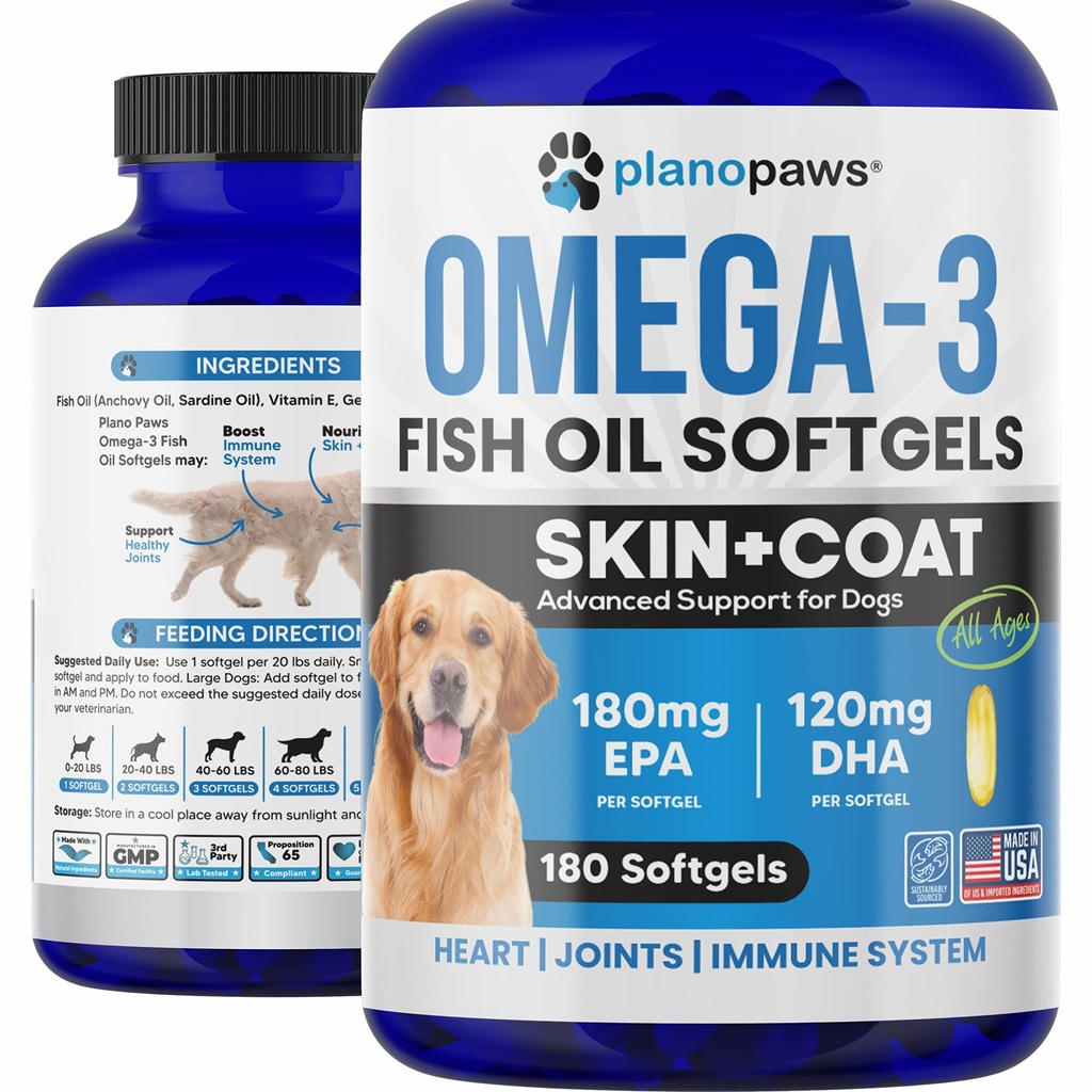Omega 3 Visolie voor honden Capsules - Zalmolie voor honden - Hond Visolie supplement Kan helpen Vergieten, Allergie, Jeuk - Ondersteuning droge huid, gewrichten - Hondenhuid en jas supplement - 180 Visolie pillen