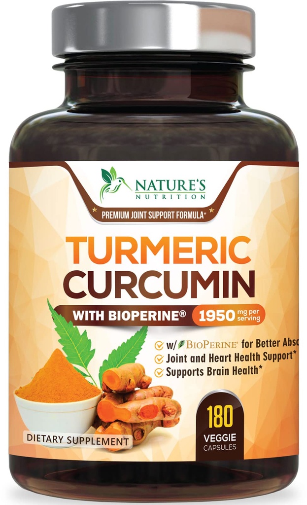 Kurkuma Curcumine Supplement 1950mg - 95% Curcuminoïden met Biologische Kurkuma & BioPerine Black Pepper Extract voor Beste Absorptie, Nature's Vegan Joint Support, Niet GMO, Gebotteld in de VS - 180 Capsules
