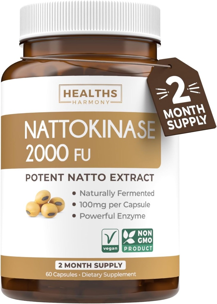 Gezondheiden Harmony Nattokinase 2000 FU (Non-GMO) Krachtige Nattokinase supplement Gemaakt van natuurlijk gefermenteerde soja - (2 maand aanbod) 60 Vegan Natto Capsules