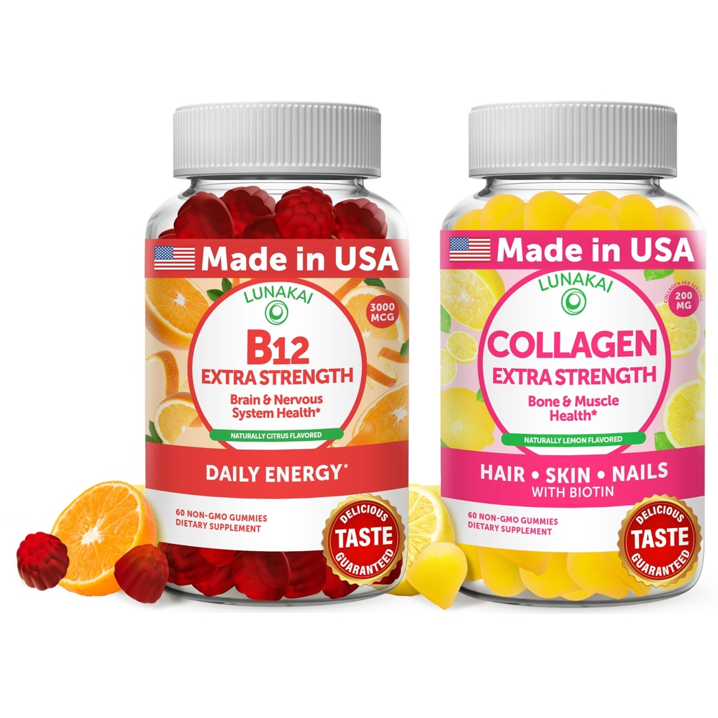 Lunakai Vitamine B12 en Collageen Gummies Bundle - 3000 mcg Methylcobalamine Hoge Absorptie Energie Gummies - Non-GMO Anti Aging Supplements for Men & Women - 30 Days Supply