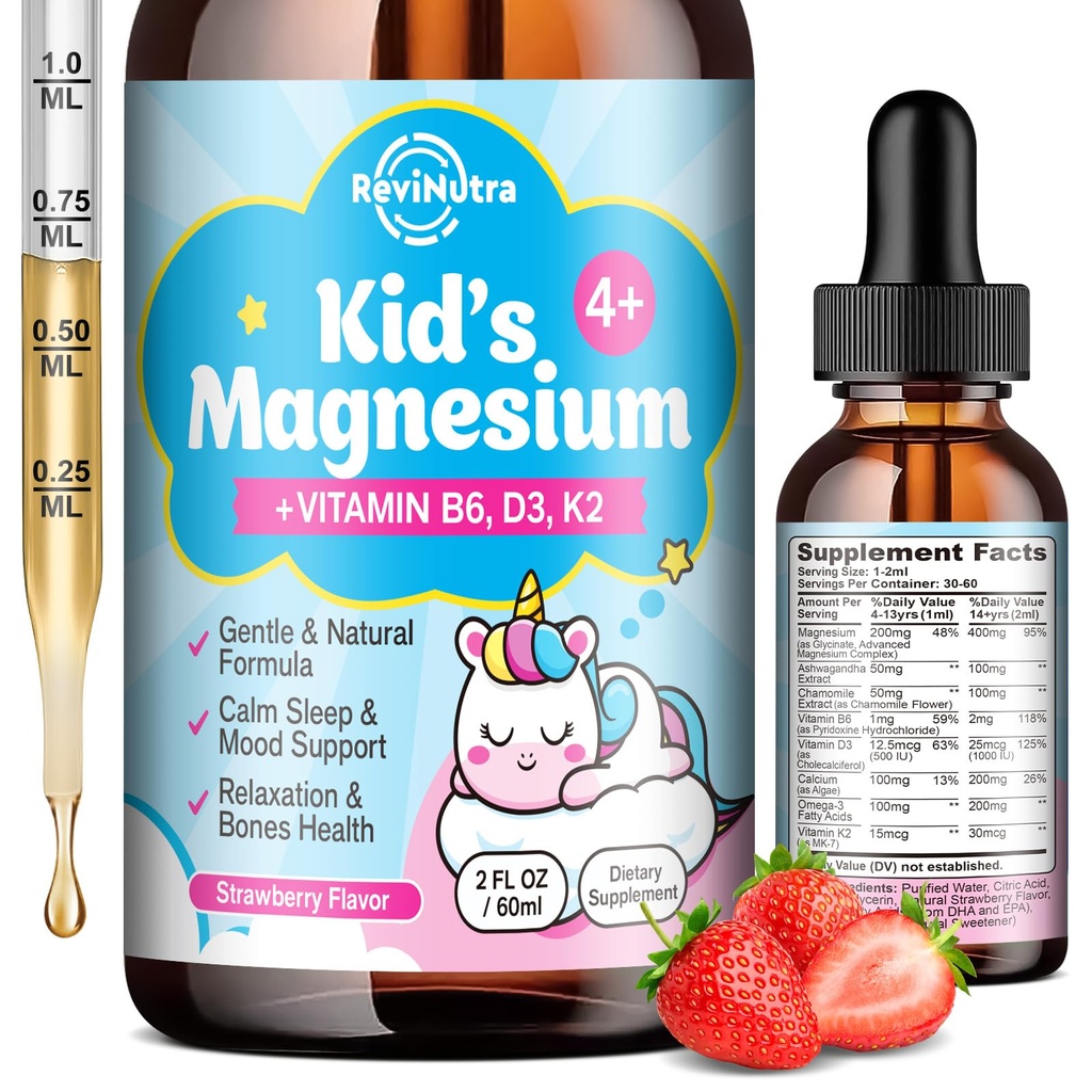 Kids Magnesium Glycinate Liquid Drops with Omega-3, Ashwagandha, Vitamin B6, D3, K2, Calcium & Chamomile - Magnesium Drops for Kids Sleep, Calm, Focus, Brain & Mood - Strawberry Flavor