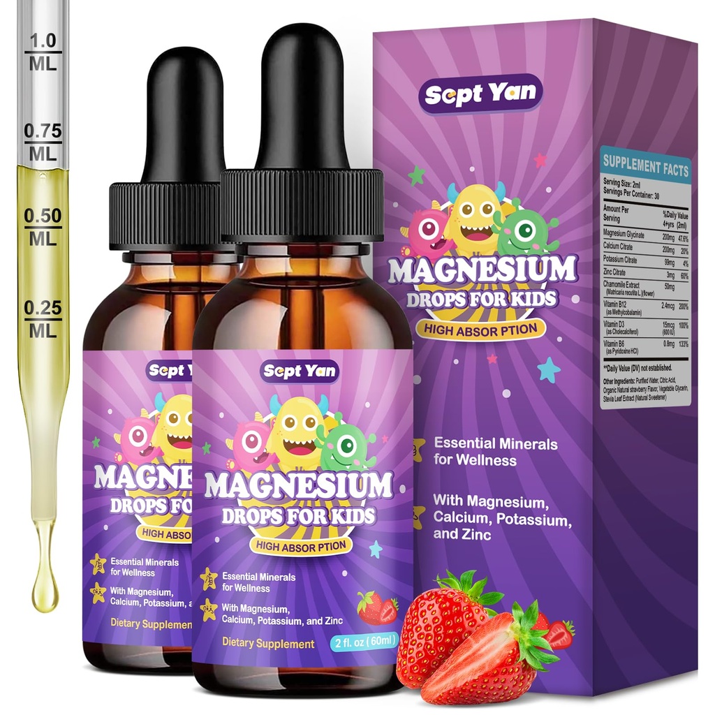 Magnesium Glycinate Liquid for Kids – Liquid Magnesium Glycinate with Zinc, Chamomile, Vitamin B12, B6, D3 – Calm Drops for Sleep, Relaxation, Calm & Focus –Strawberry Flavor, 4 Fl Oz