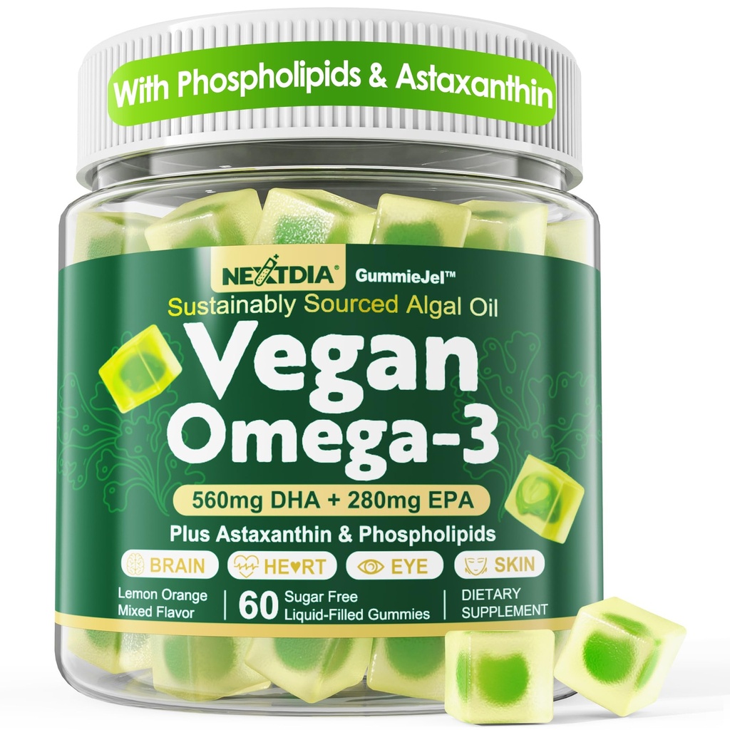 Vegan Omega 3 Gummies + Fosfolipiden, Astaxanthine, Vitamine D3, DHA 560mg & EPA 280mg, Fish-Free Algen Omega 3 Supplement voor volwassenen en kinderen voor hersenen, ogen, huid en algehele gezondheid, suikervrij, 60 Cts