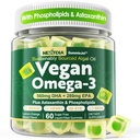 Vegan Omega 3 Gummies + Fosfolipiden, Astaxanthine, Vitamine D3, DHA 560mg & EPA 280mg, Fish-Free Algen Omega 3 Supplement voor volwassenen en kinderen voor hersenen, ogen, huid en algehele gezondheid, suikervrij, 60 Cts