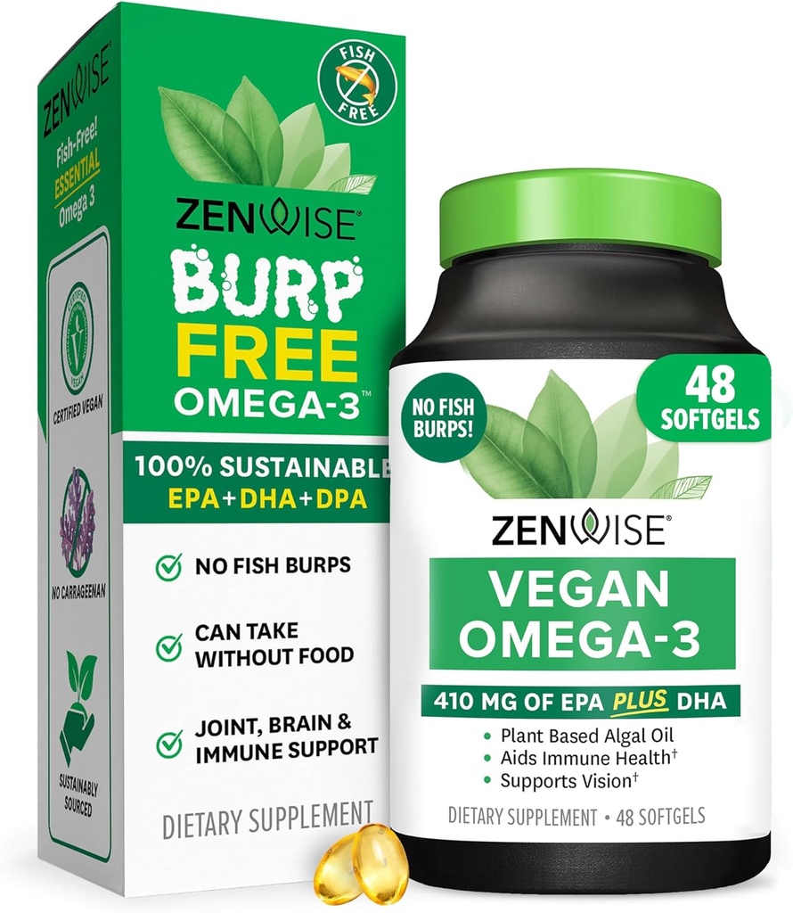 Zenwise Health Vegan Omega 3 Supplement - Burpless Omega 3 Supplement met DHA, EPA & DPA vetzuren voor de gezondheid van de immuunsysteem - Visolie Alternatief van duurzaam opgewekte mariene algenolie - 48 Softgels
