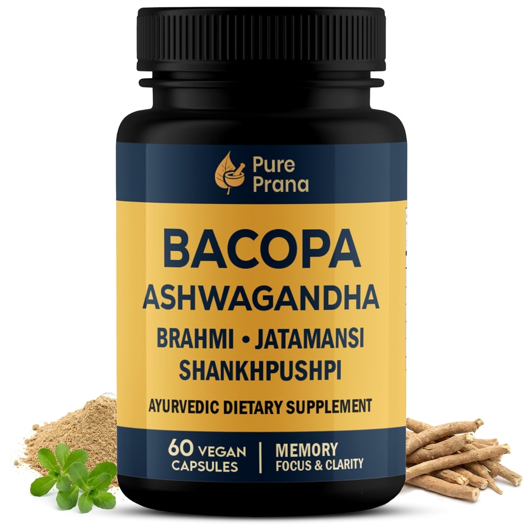 Pure Prana Brahmi Capsules – Ashwagandha & Gotu Kola Herbal Brain & Focus Support Supplement – Ayurvedic Vegan Nootropic for Men & Women – 60 Capsules